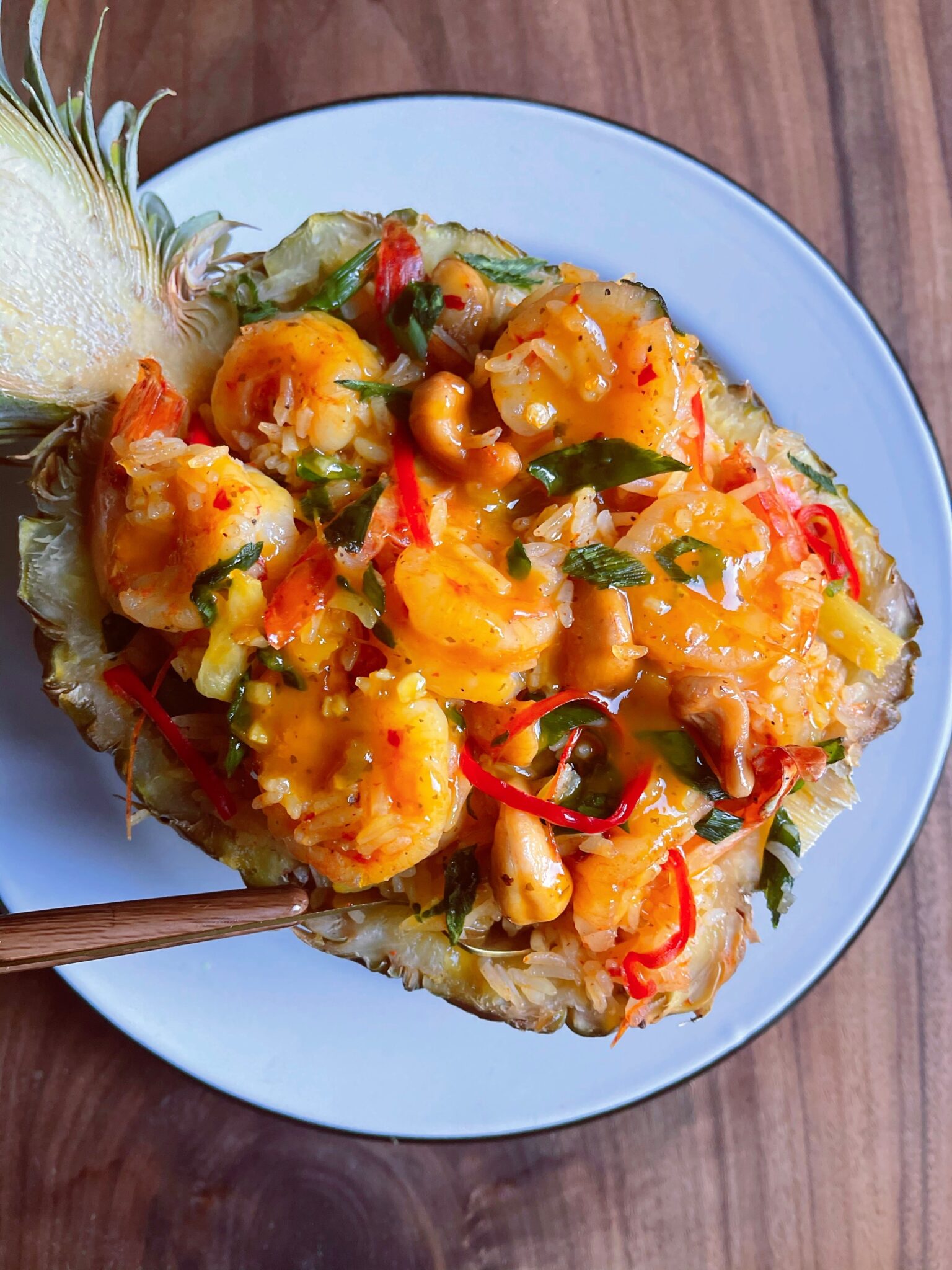 Pineapple shrimp rice in a pineapple bowl Dominica Gourmet